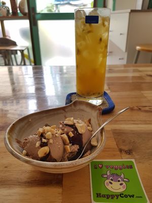 Chocolate icecream with passion fruit juice  at Vegan Family Restaurant in Ho Chi Minh City