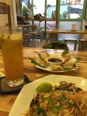 Dumplings and pad Thai at Vegan Family Restaurant in Ho Chi Minh City