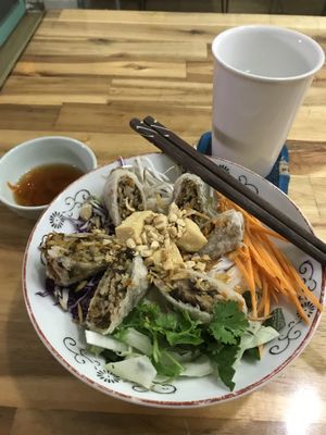 Rice noodles w/ spring rolls at Vegan Family Restaurant in Ho Chi Minh City