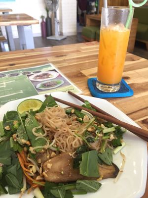 Pad Thai and orange and carrot juice at Vegan Family Restaurant in Ho Chi Minh City