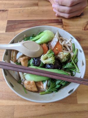 Tofu and mushrooms noodles at Vegan Family Restaurant in Ho Chi Minh City