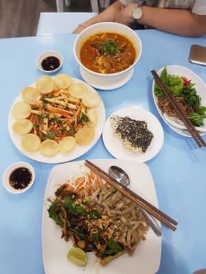 Coconut heart salad, pad Thai and noodle soup at Vegan Family Restaurant in Ho Chi Minh City