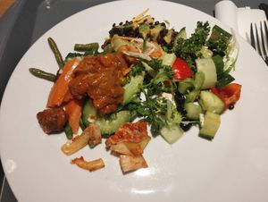 Buffet food at Veganio in Prague