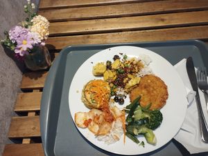 Buffet food at Veganio in Prague