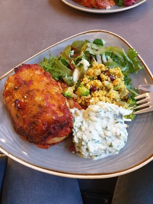 Enchilada with tzatziki sauce and vegetable couscous at Nordvegan in Oslo