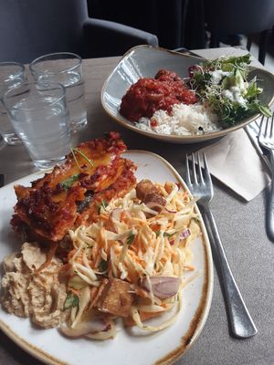 Vegan lasagne with salads. Curry in background. at Nordvegan in Oslo