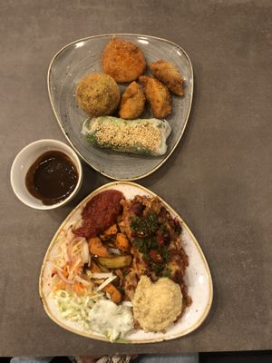 Fried dumplings, “arancini” spring roll,   at Nordvegan in Oslo