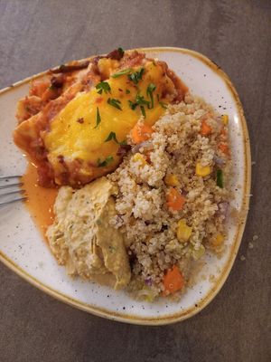 Lasagne, Couscous Salad & Hummus at Nordvegan in Oslo