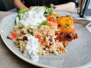 The lasagne-plate with to types salad at Nordvegan in Oslo