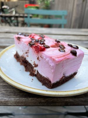 Strawberry cake - mousse-like top, delicious chocolate base. Perfect on a warm summer’s evening! at Nordvegan in Oslo
