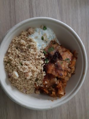 Lasagna with cous cous salad and tzatziki at Nordvegan in Oslo