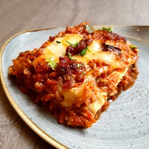 Vegan lasagna at Nordvegan in Oslo