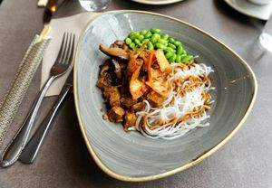 Rice noodles + toppings at Nordvegan in Oslo