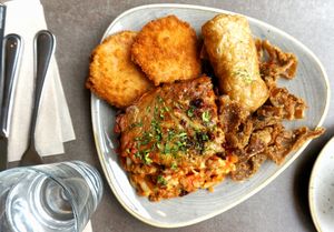 Lasagne + Sweet potato fritters + Roll + Deep-fried mushrooms at Nordvegan in Oslo