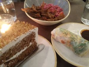 Carrot cake, summer roll, fried mushrooms and quinoa with beets etc. at Nordvegan in Oslo