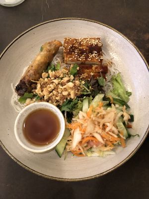 BBQ Bowl (noodles, tofu, salad, and egg roll)  at Nordvegan in Oslo
