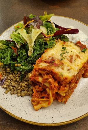Lasagna with salad, dressing & vegan tsatsiki at Nordvegan in Oslo