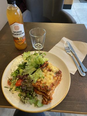 Lasagne with salad   at Nordvegan in Oslo