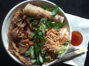 BBQ Melody + oyster mushrooms takeaway, it has tofu and soyprotein somewhere under there. Otherwise great, but bit too salty and rice noodles were dry.  at Nordvegan in Oslo