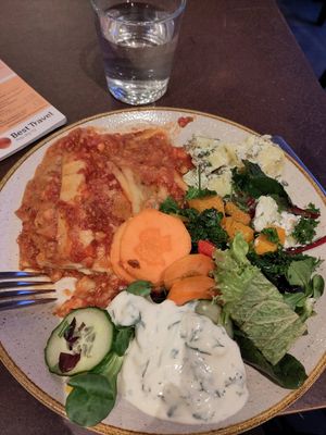 Lasagna with 3 different kinds of salad and tzaziki for 189 kr. at Nordvegan in Oslo