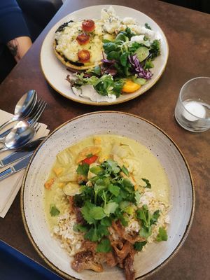 Curry w rice and potato pie with salads at Nordvegan in Oslo