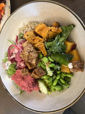 Rainbow bowl- lots of salads plus 5 toppings all included. The hummus is gorgeous.   at Nordvegan in Oslo
