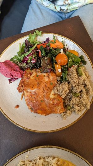 Lasagna with salad at Nordvegan in Oslo