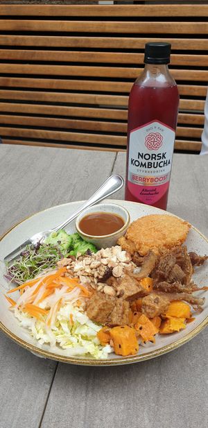 Buddha bowl & Berry Kombucha at Nordvegan in Oslo