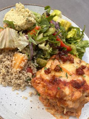 Lasagna and salad with hummus   at Nordvegan in Oslo