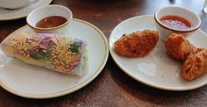 Summer roll and fried dumplings with sauces at Nordvegan in Oslo