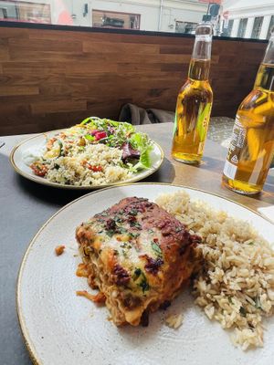 Lasagna with different sides for both  at Nordvegan in Oslo