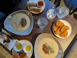 Cauliflower soup and sweet potato at Nordvegan in Oslo