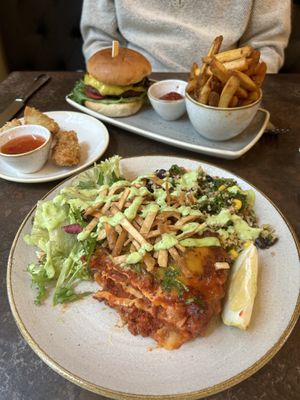 Lasagne, beyond burger, chips and fried dumplings   at Nordvegan in Oslo