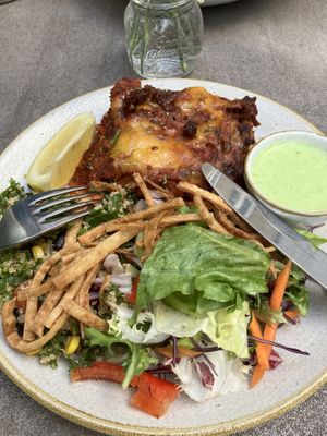 Vegan lasagne with  2 salads, 1 dressing and fried tortillas  at Nordvegan in Oslo