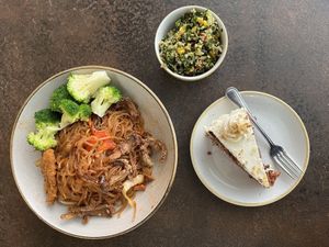 Glass noodle, mixed salad, carrot cakee  at Nordvegan in Oslo