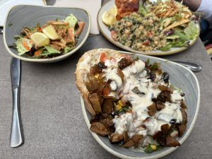 Vegan chicken pita with side salad and lasagna plate in the background.  at Nordvegan in Oslo