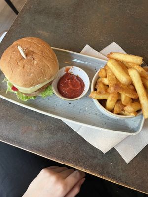 ”chicken” burger and fries😄 at Nordvegan in Oslo