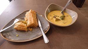 Curry soup and cabbage strudel. at Nordvegan in Oslo