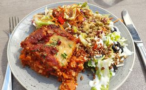 Lasagne and salad at Nordvegan in Oslo