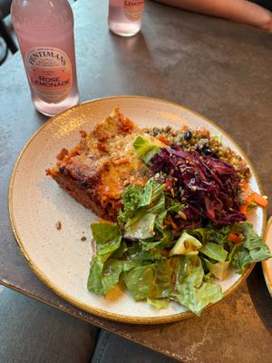 Vegan lasagna with salad at Nordvegan in Oslo