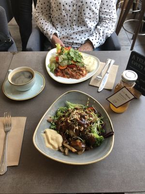 Buddha bowl and lasagna+salad  at Nordvegan in Oslo