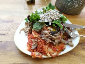 Lasagna, fried mushrooms, 2 kinds of salads and 2 kinds of toppings at Nordvegan in Oslo