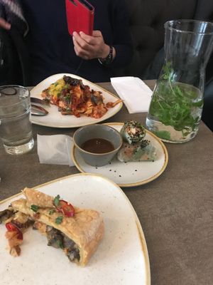 Vegan lasagna, summer rolls, and filled pie at Nordvegan in Oslo