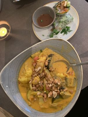 Veggie Curry over brown rice, topped with cashews, & spring roll appetizer  at Nordvegan in Oslo