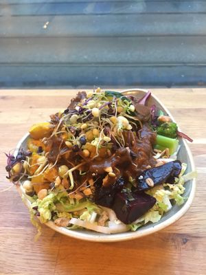 Buddha bowl overlooking the street at Nordvegan in Oslo