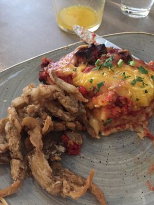 Lasagne & mushroom fries at Nordvegan in Oslo