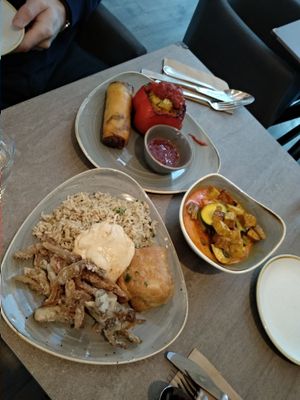 Mix; deep fried mushrooms, fried rice, hummus, sausage roll, filled pepper, spring roll and curry with tofu. at Nordvegan in Oslo