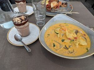Chocolate mousse and Thai curry at Nordvegan in Oslo