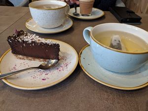 Lovely chocolate mocha cake and tea at Nordvegan in Oslo