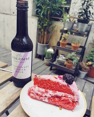 Raspberry cake and alcohol free ginger beer at Nordvegan in Oslo